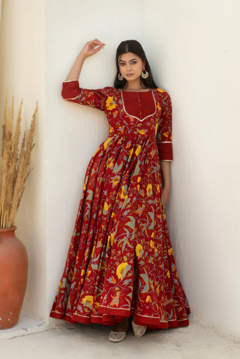 CHHIPA BAZAR CHAND MAROON LONG COTTON ANARKALI WITH SOFT NET DUPATTA - Pomcha Jaipur