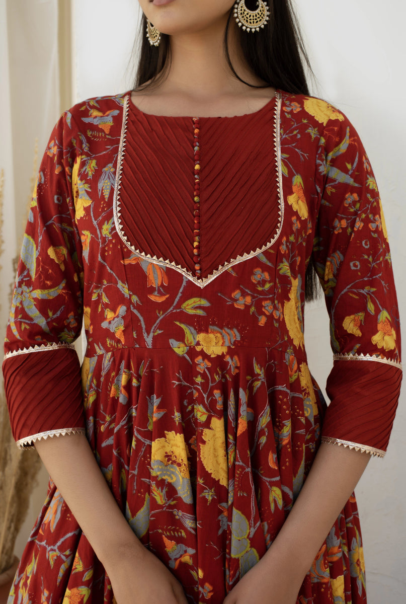 CHHIPA BAZAR CHAND MAROON LONG COTTON ANARKALI WITH SOFT NET DUPATTA - Pomcha Jaipur