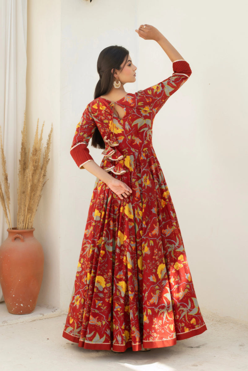 CHHIPA BAZAR CHAND MAROON LONG COTTON ANARKALI WITH SOFT NET DUPATTA - Pomcha Jaipur