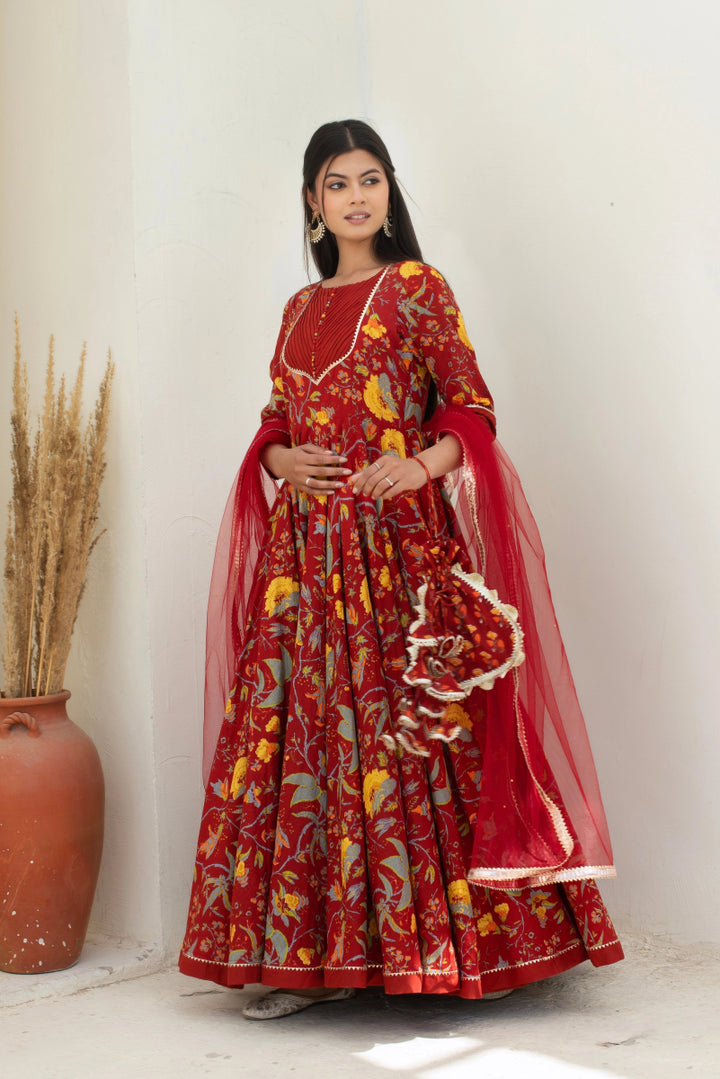 CHHIPA BAZAR CHAND MAROON LONG COTTON ANARKALI WITH SOFT NET DUPATTA - Pomcha Jaipur