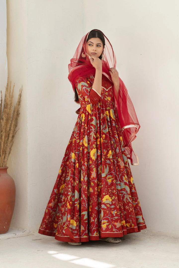 CHHIPA BAZAR CHAND MAROON LONG COTTON ANARKALI WITH SOFT NET DUPATTA - Pomcha Jaipur