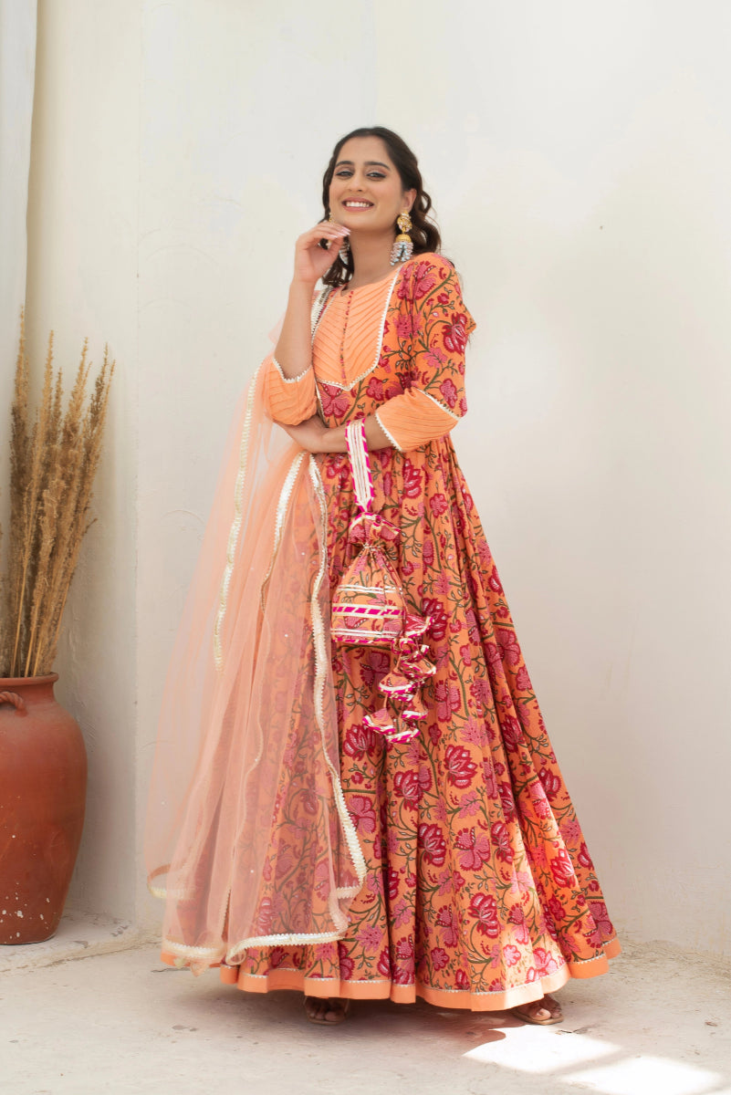 CHHIPA BAZAR CHAND PEACH LONG COTTON ANARKALI WITH SOFT NET DUPATTA - Pomcha Jaipur