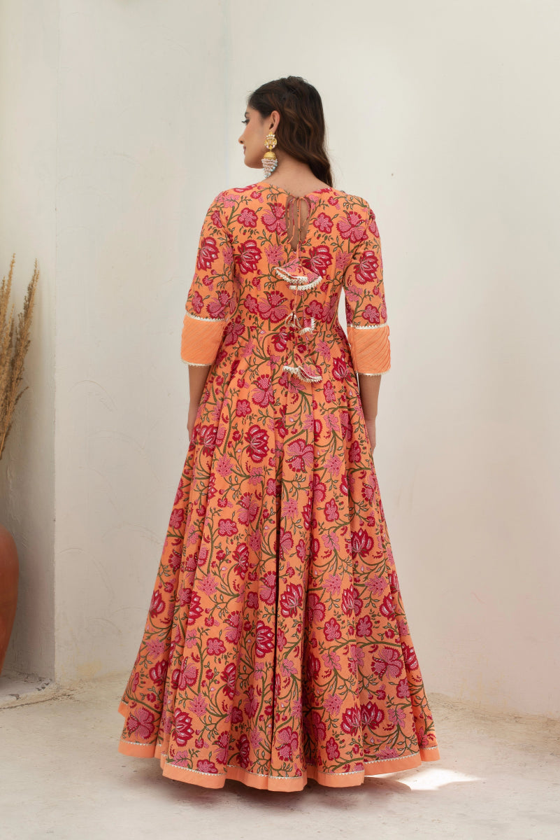 CHHIPA BAZAR CHAND PEACH LONG COTTON ANARKALI WITH SOFT NET DUPATTA - Pomcha Jaipur
