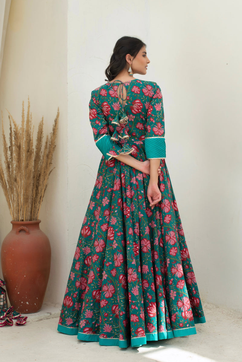 CHHIPA BAZAR CHAND TEAL BLUE LONG COTTON ANARKALI WITH SOFT NET DUPATTA - Pomcha Jaipur