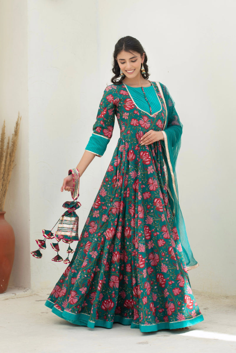 CHHIPA BAZAR CHAND TEAL BLUE LONG COTTON ANARKALI WITH SOFT NET DUPATTA - Pomcha Jaipur