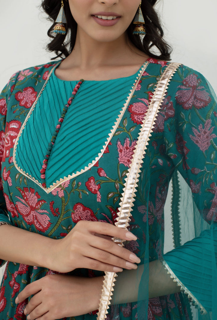 CHHIPA BAZAR CHAND TEAL BLUE LONG COTTON ANARKALI WITH SOFT NET DUPATTA - Pomcha Jaipur