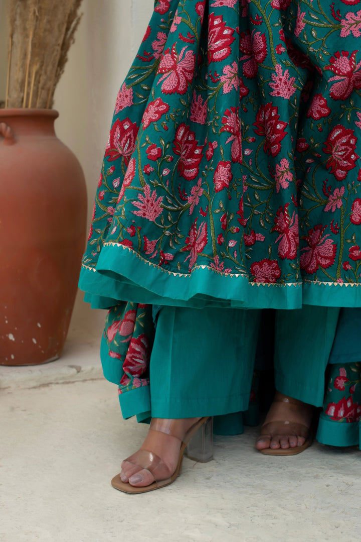 CHHIPA BAZAR CHAND TEAL BLUE LONG COTTON ANARKALI WITH SOFT NET DUPATTA - Pomcha Jaipur