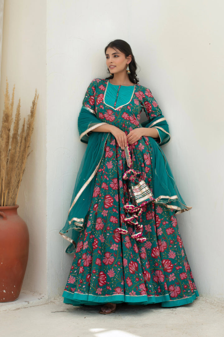CHHIPA BAZAR CHAND TEAL BLUE LONG COTTON ANARKALI WITH SOFT NET DUPATTA - Pomcha Jaipur