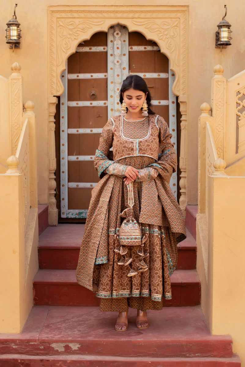 CHHIPA BAZAR COTTON HAND BLOCK ANARKALI SET WITH JACKET AND COTTON DUPATTA - Pomcha Jaipur