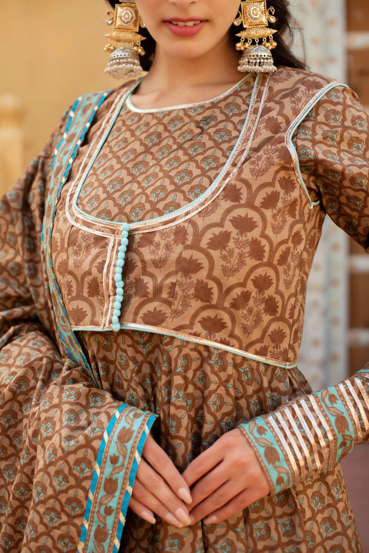 CHHIPA BAZAR COTTON HAND BLOCK ANARKALI SET WITH JACKET AND COTTON DUPATTA - Pomcha Jaipur