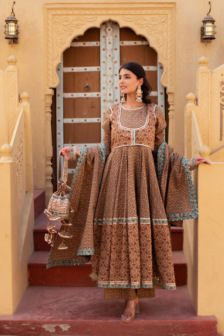 CHHIPA BAZAR COTTON HAND BLOCK ANARKALI SET WITH JACKET AND COTTON DUPATTA - Pomcha Jaipur