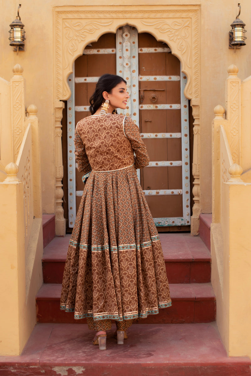 CHHIPA BAZAR COTTON HAND BLOCK ANARKALI SET WITH JACKET AND COTTON DUPATTA - Pomcha Jaipur