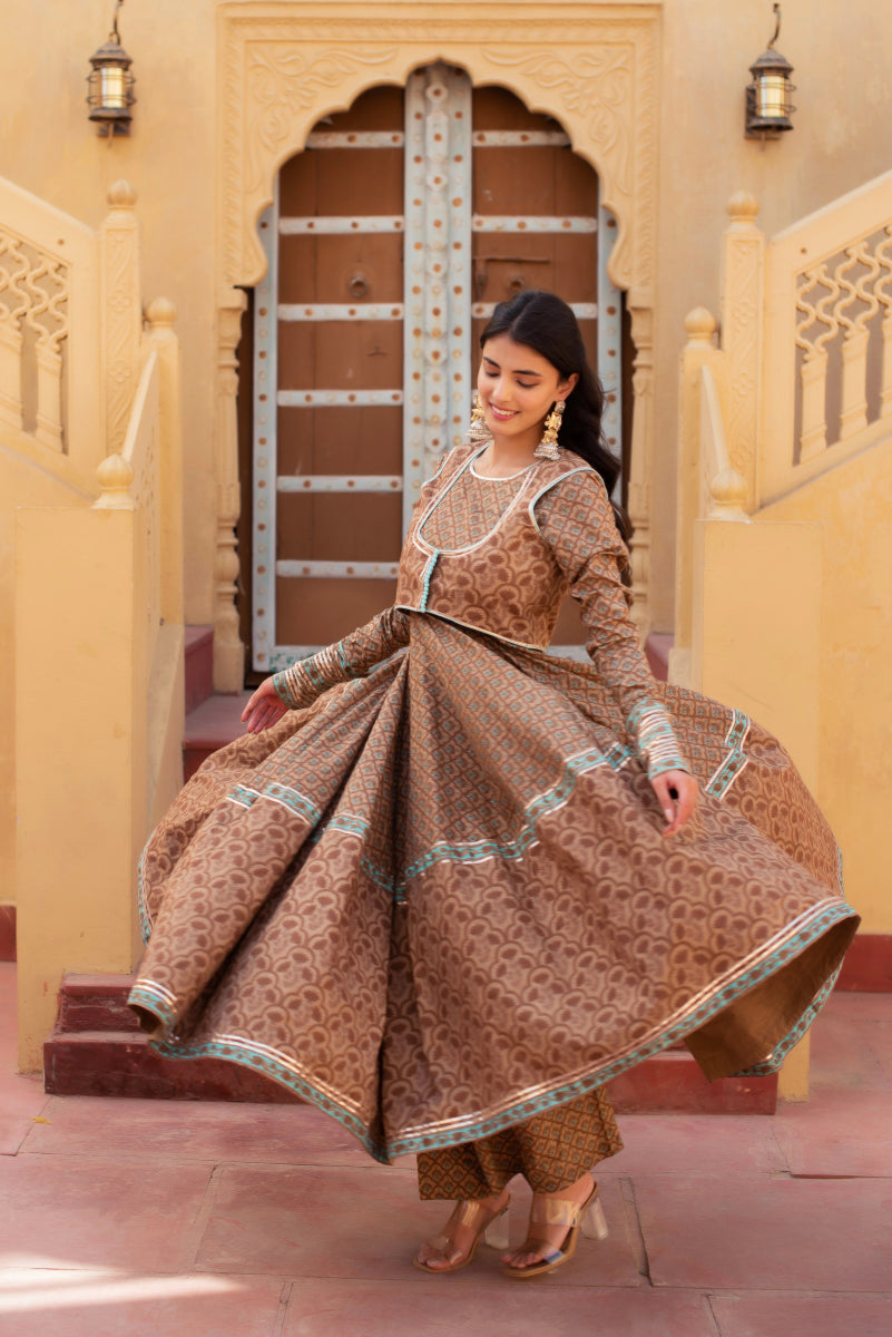 CHHIPA BAZAR COTTON HAND BLOCK ANARKALI SET WITH JACKET AND COTTON DUPATTA - Pomcha Jaipur