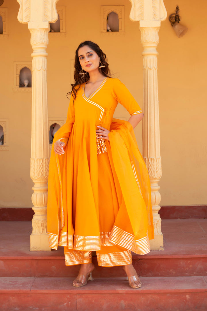 CHHIPA BAZAR DUSTY ORANGE COTTON GOTA PATTI ANGRAKHA SET WITH ORGANZA DUPATTA - Pomcha Jaipur