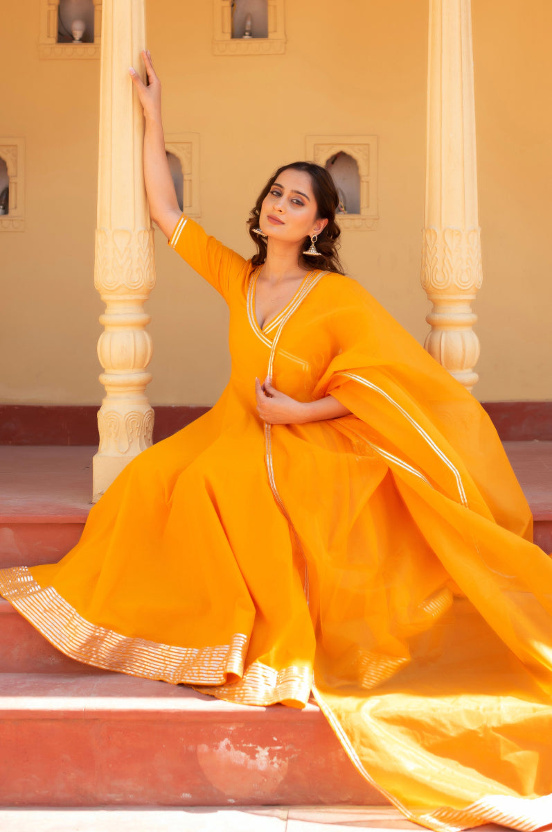 CHHIPA BAZAR DUSTY ORANGE COTTON GOTA PATTI ANGRAKHA SET WITH ORGANZA DUPATTA - Pomcha Jaipur