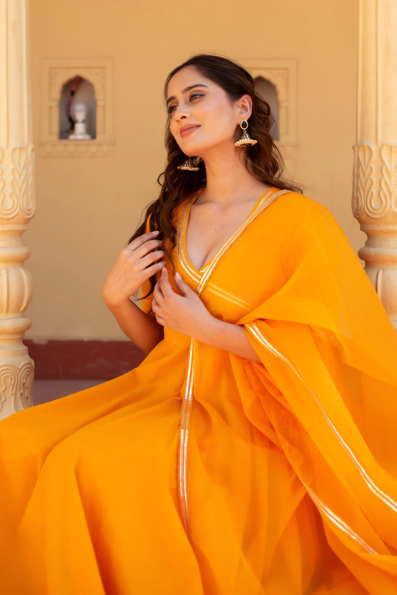 CHHIPA BAZAR DUSTY ORANGE COTTON GOTA PATTI ANGRAKHA SET WITH ORGANZA DUPATTA - Pomcha Jaipur