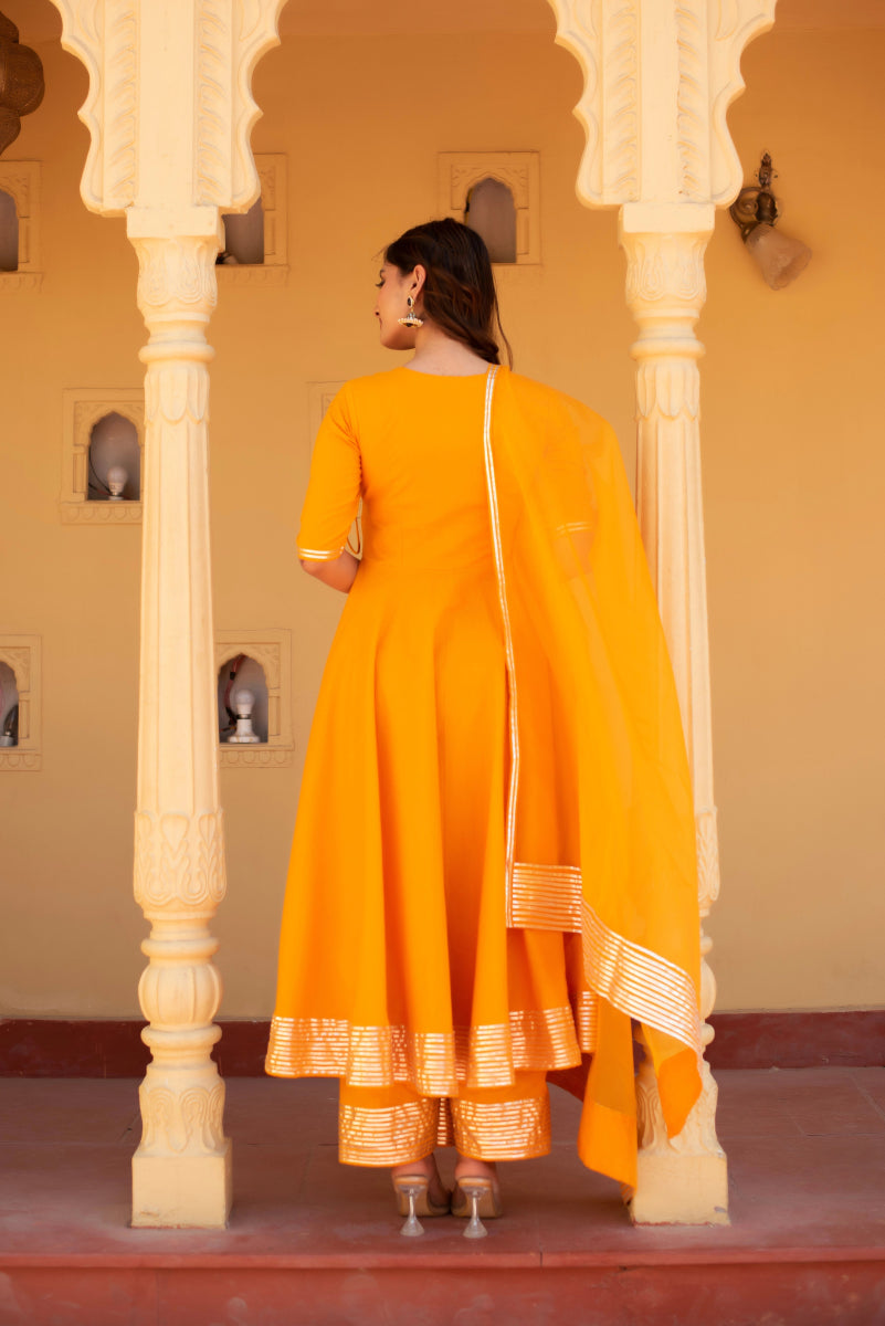 CHHIPA BAZAR DUSTY ORANGE COTTON GOTA PATTI ANGRAKHA SET WITH ORGANZA DUPATTA - Pomcha Jaipur