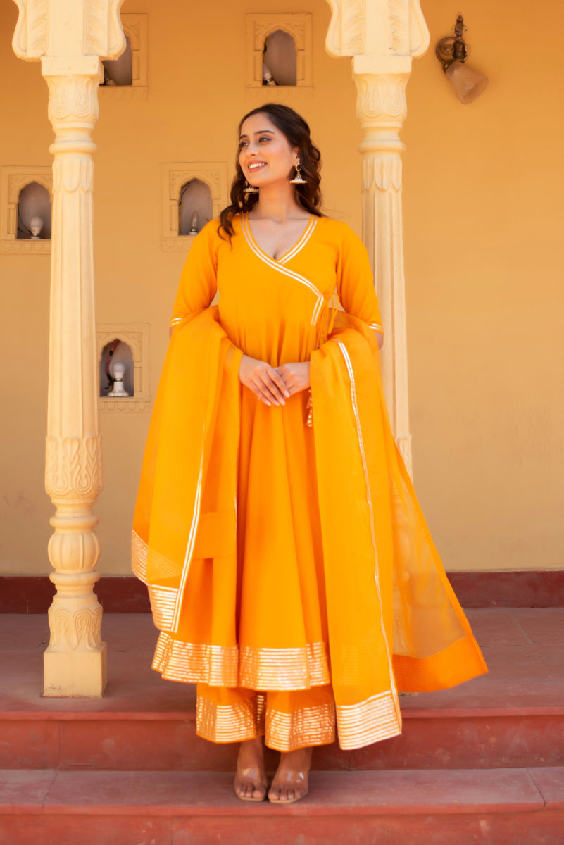 CHHIPA BAZAR DUSTY ORANGE COTTON GOTA PATTI ANGRAKHA SET WITH ORGANZA DUPATTA - Pomcha Jaipur