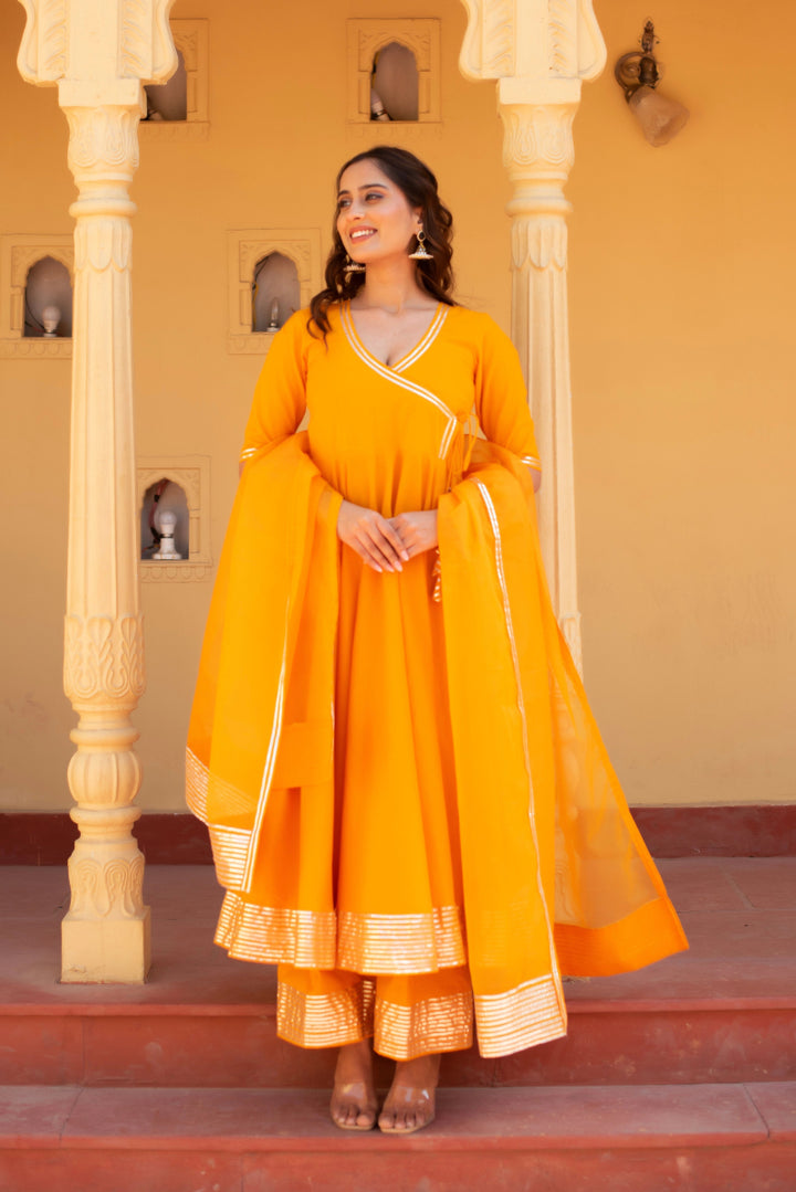 CHHIPA BAZAR DUSTY ORANGE COTTON GOTA PATTI ANGRAKHA SET WITH ORGANZA DUPATTA - Pomcha Jaipur