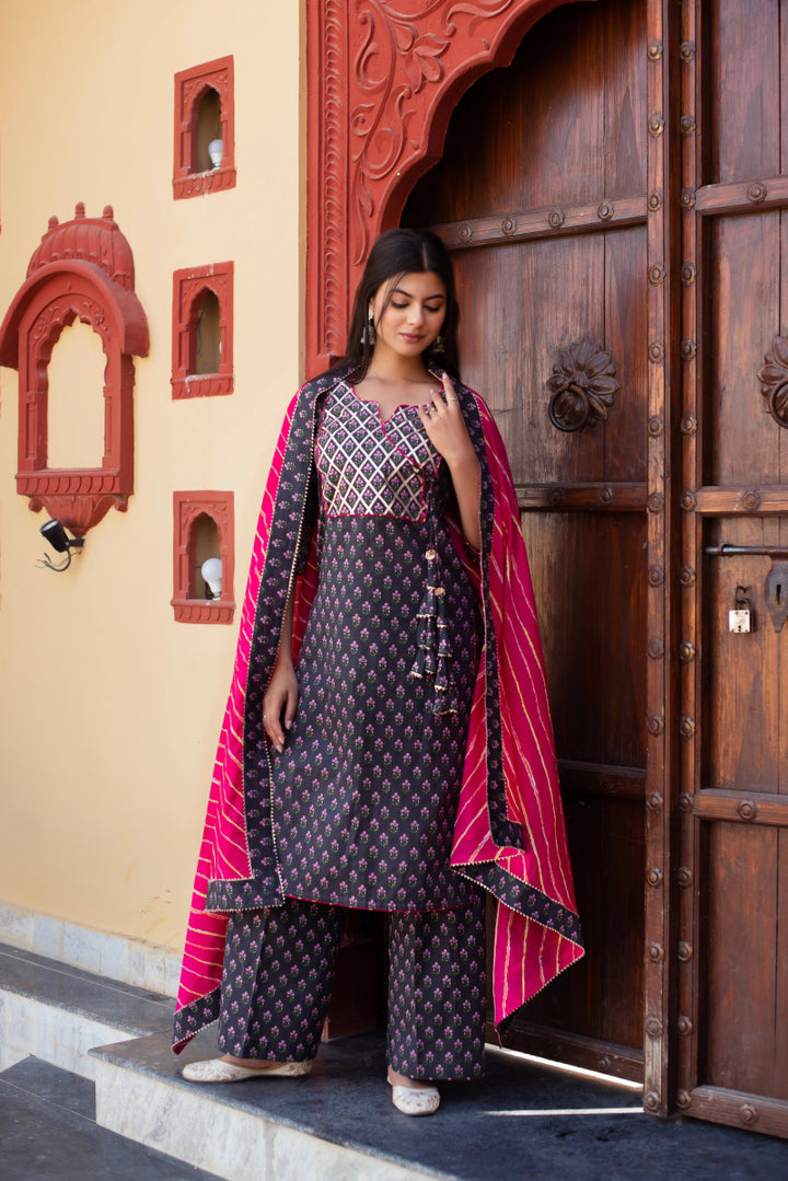 CHHIPA BAZAR GREY COTTON HAND BLOCK PRINT GOTA PATTI ANGRAKHA SUIT SET - Pomcha Jaipur