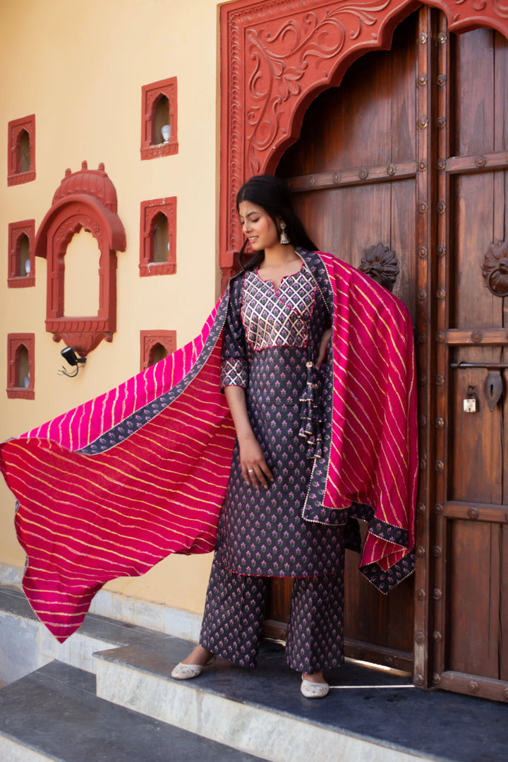 CHHIPA BAZAR GREY COTTON HAND BLOCK PRINT GOTA PATTI ANGRAKHA SUIT SET - Pomcha Jaipur