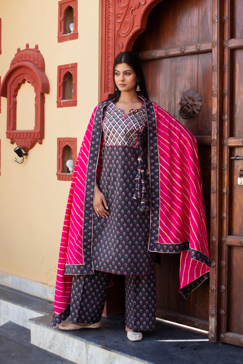 CHHIPA BAZAR GREY COTTON HAND BLOCK PRINT GOTA PATTI ANGRAKHA SUIT SET - Pomcha Jaipur