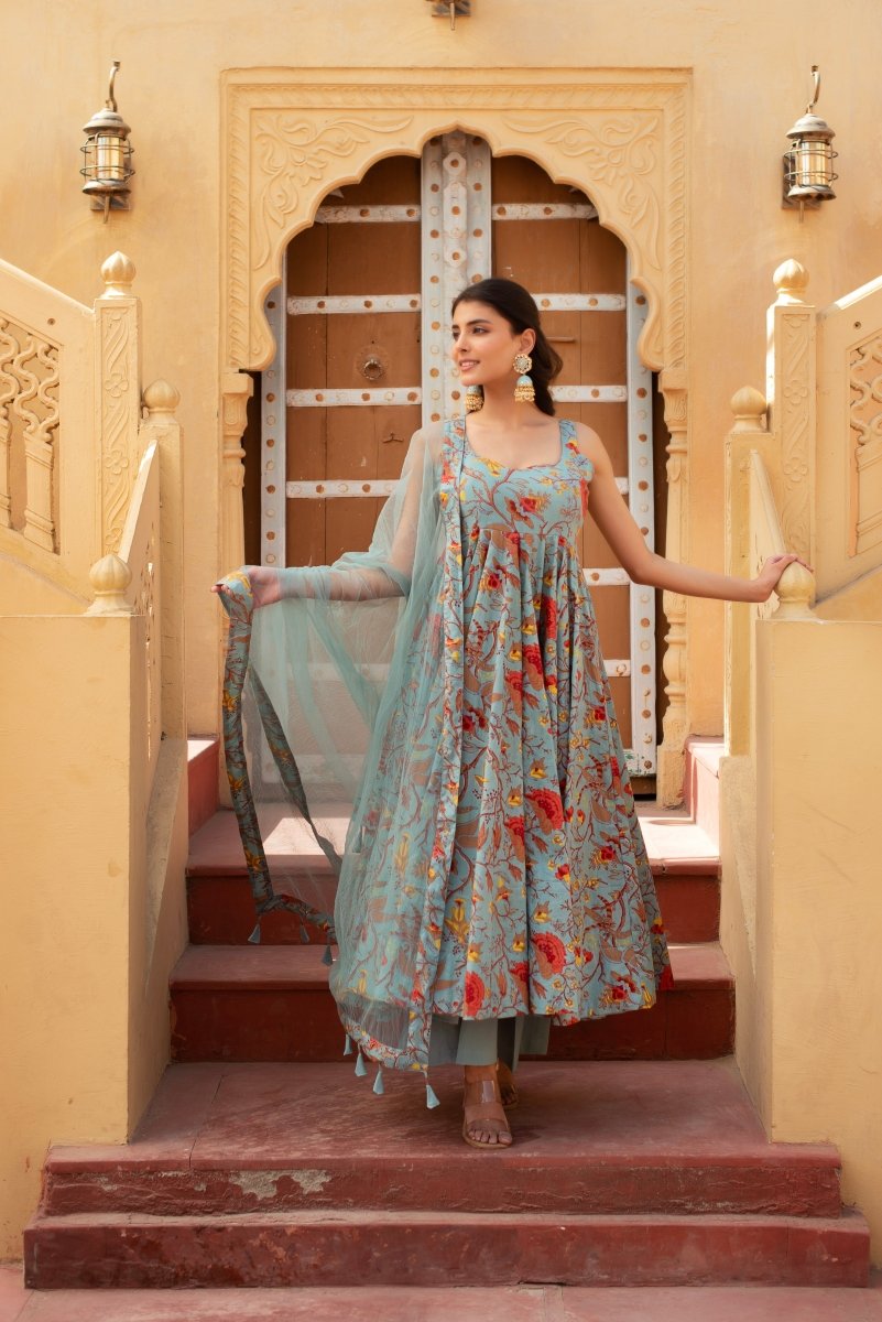 CHHIPA BAZAR GREY HAND BLOCK COTTON ANARKALI WITH SOFT NET DUPATTA - Pomcha Jaipur