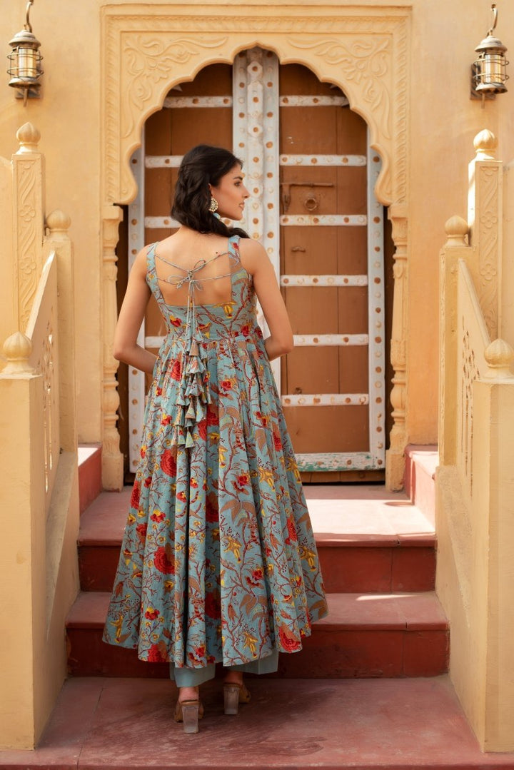 CHHIPA BAZAR GREY HAND BLOCK COTTON ANARKALI WITH SOFT NET DUPATTA - Pomcha Jaipur