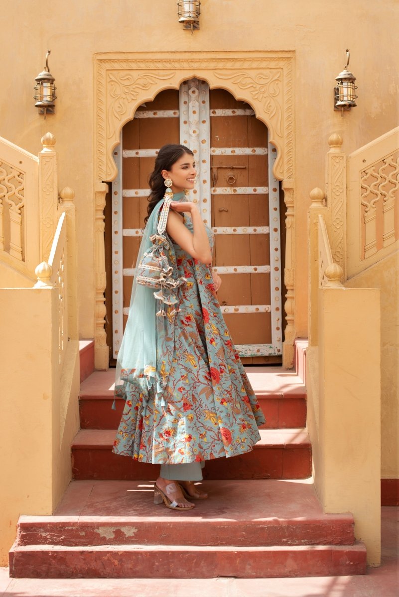 CHHIPA BAZAR GREY HAND BLOCK COTTON ANARKALI WITH SOFT NET DUPATTA - Pomcha Jaipur