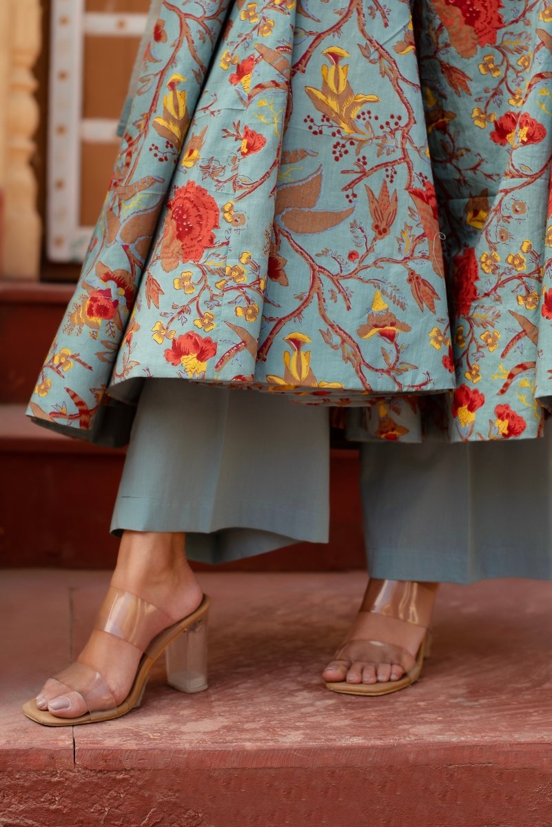 CHHIPA BAZAR GREY HAND BLOCK COTTON ANARKALI WITH SOFT NET DUPATTA - Pomcha Jaipur