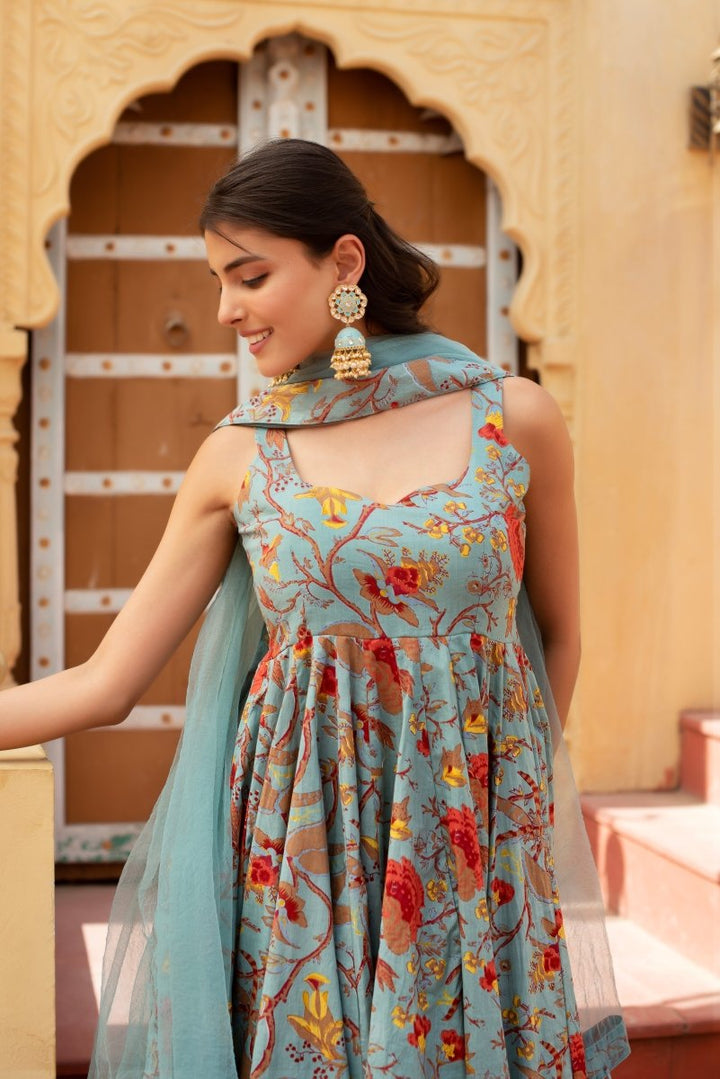 CHHIPA BAZAR GREY HAND BLOCK COTTON ANARKALI WITH SOFT NET DUPATTA - Pomcha Jaipur