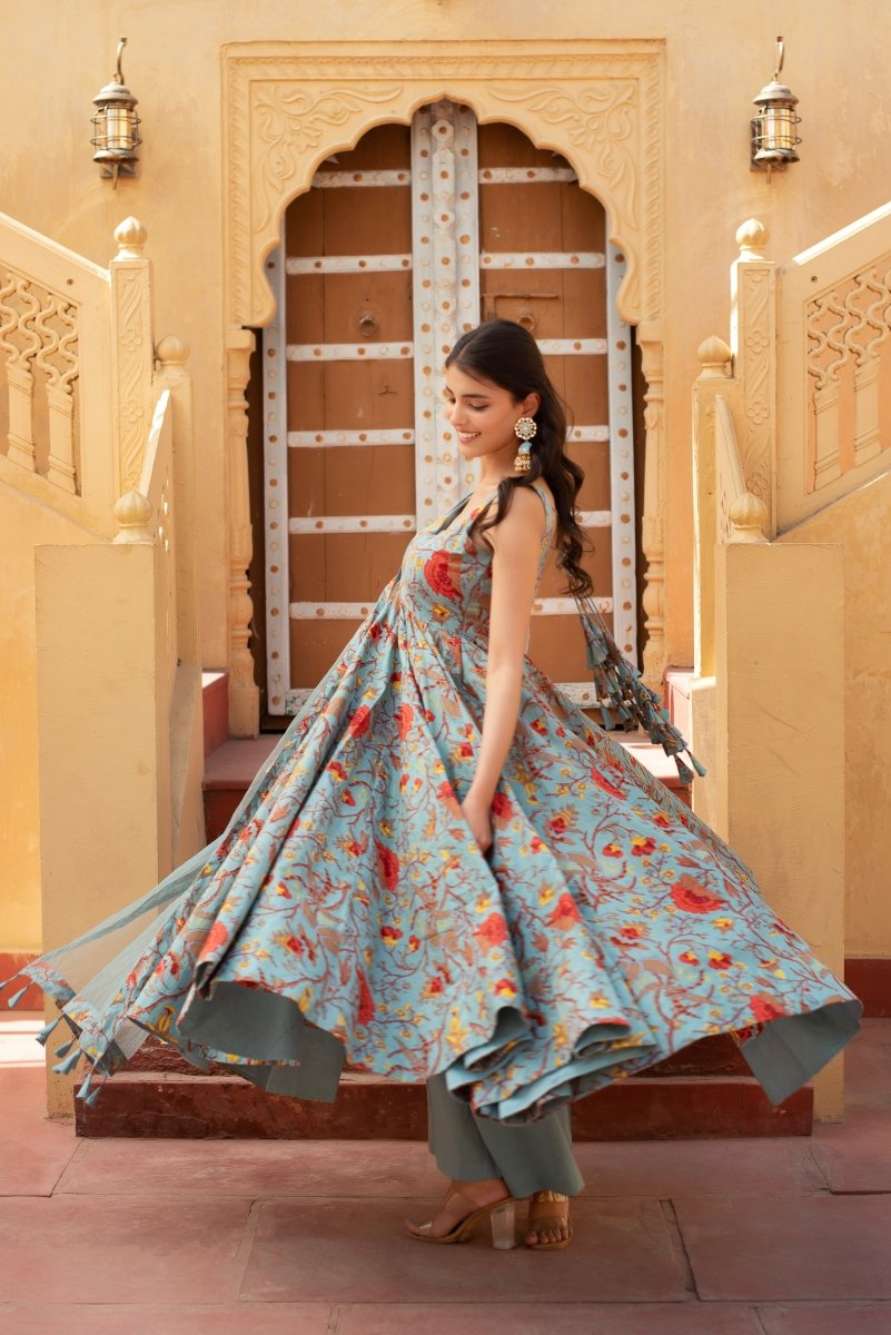 CHHIPA BAZAR GREY HAND BLOCK COTTON ANARKALI WITH SOFT NET DUPATTA - Pomcha Jaipur