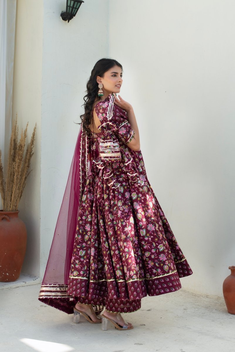 CHHIPA BAZAR HOOR PLUM COTTON GOTA PATTI ANARKALI WITH SOFT NET DUPATTA - Pomcha Jaipur