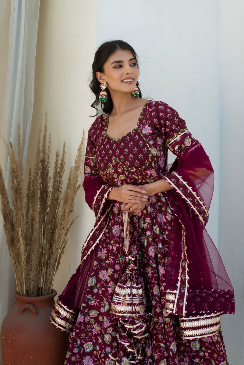 CHHIPA BAZAR HOOR PLUM COTTON GOTA PATTI ANARKALI WITH SOFT NET DUPATTA - Pomcha Jaipur
