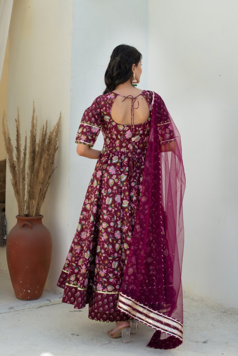 CHHIPA BAZAR HOOR PLUM COTTON GOTA PATTI ANARKALI WITH SOFT NET DUPATTA - Pomcha Jaipur