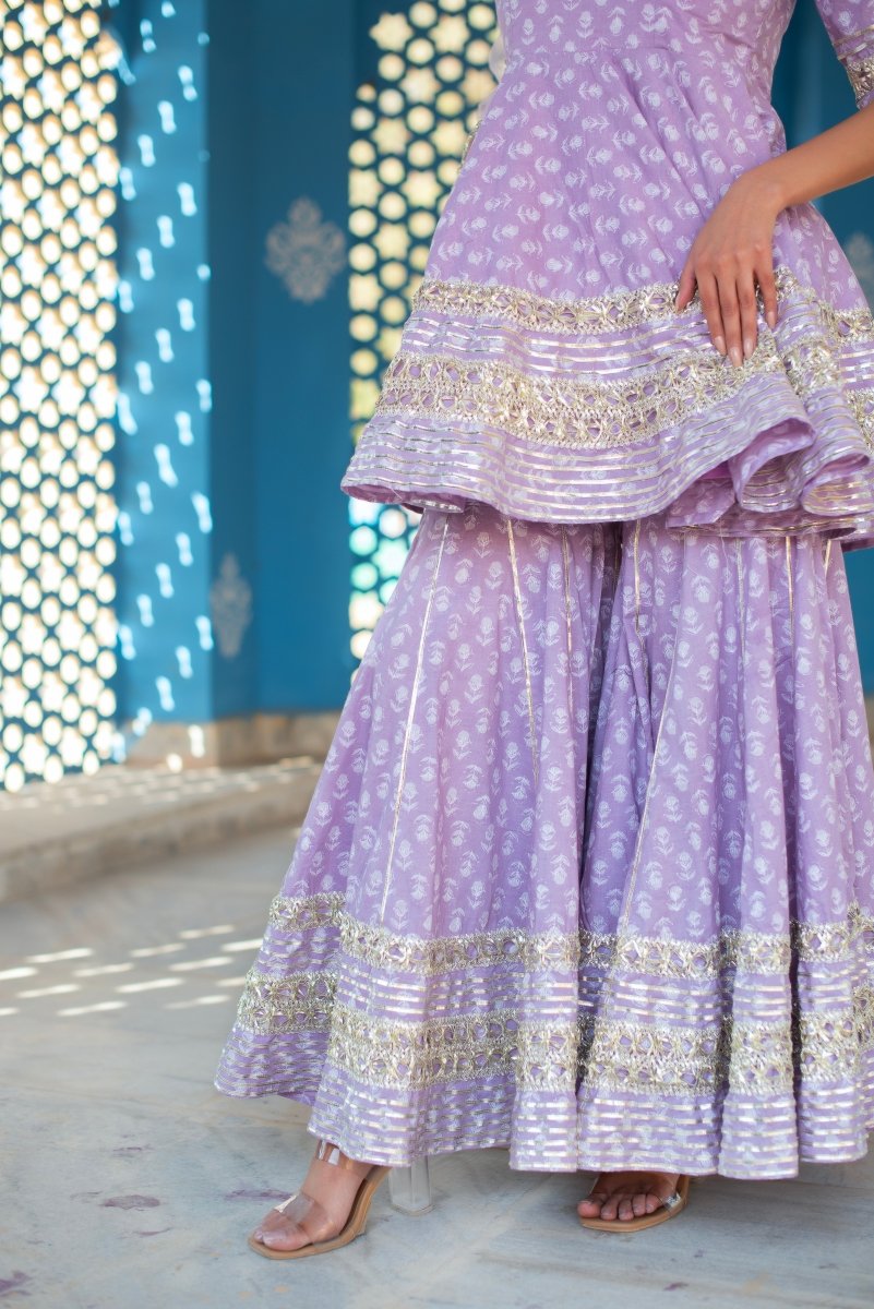 CHHIPA BAZAR LILAC COTTON GOTA PATTI HAND BLOCK SHARARA SET WITH SOFT NET DUPATTA - Pomcha Jaipur