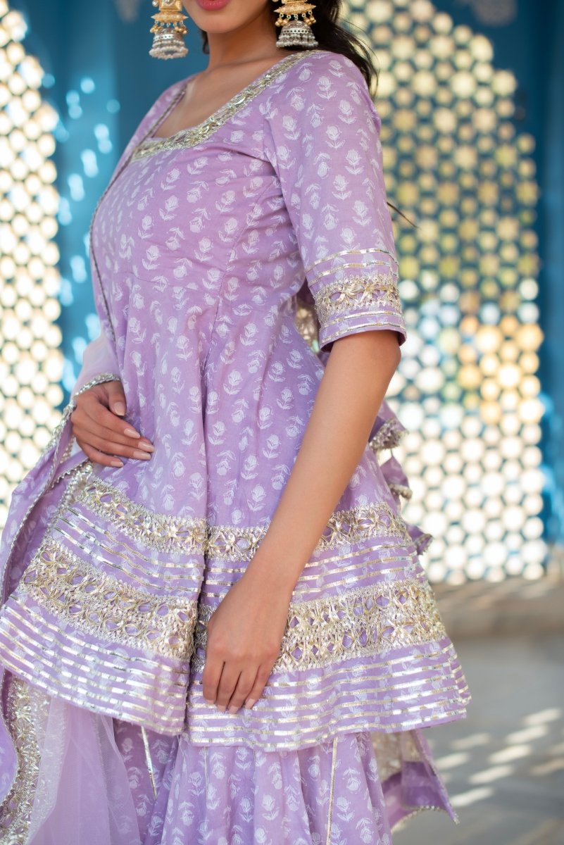 CHHIPA BAZAR LILAC COTTON GOTA PATTI HAND BLOCK SHARARA SET WITH SOFT NET DUPATTA - Pomcha Jaipur