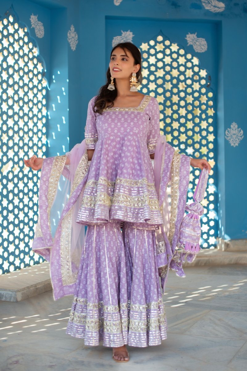 CHHIPA BAZAR LILAC COTTON GOTA PATTI HAND BLOCK SHARARA SET WITH SOFT NET DUPATTA - Pomcha Jaipur