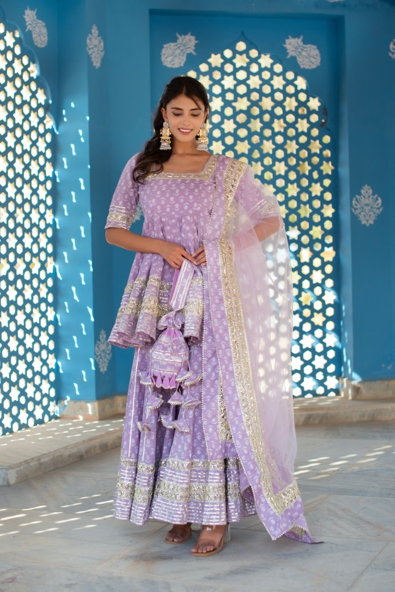 CHHIPA BAZAR LILAC COTTON GOTA PATTI HAND BLOCK SHARARA SET WITH SOFT NET DUPATTA - Pomcha Jaipur