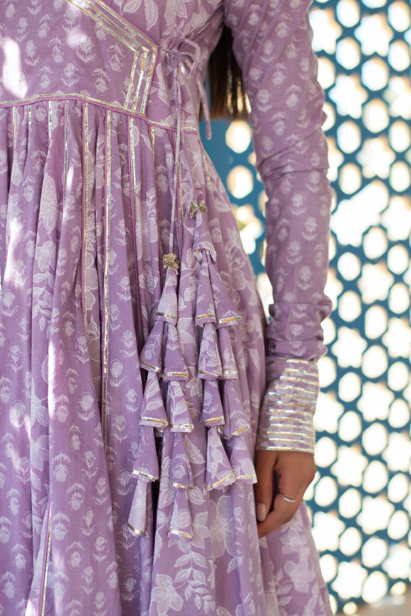 CHHIPA BAZAR LILAC COTTON HAND BLOCK GOTA PATTI ANGRAKHA SET - Pomcha Jaipur