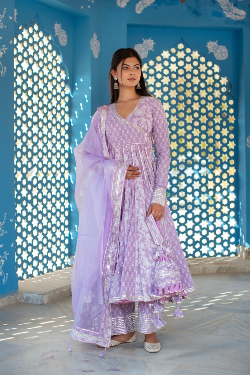 CHHIPA BAZAR LILAC COTTON HAND BLOCK GOTA PATTI ANGRAKHA SET - Pomcha Jaipur