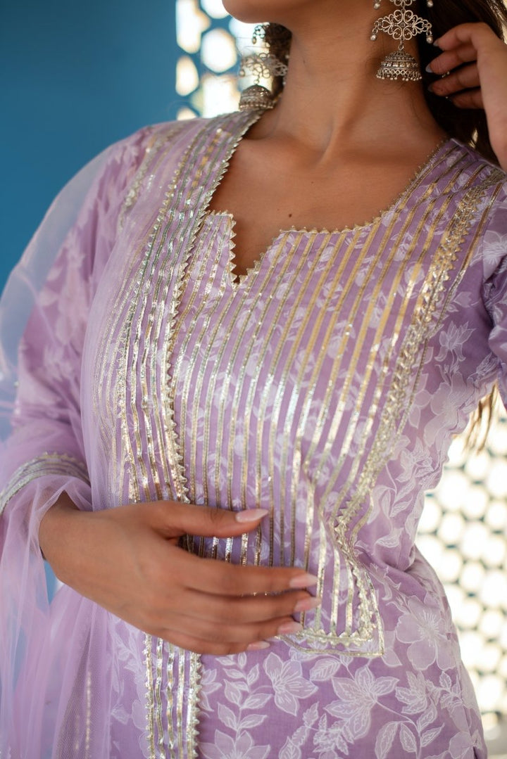 CHHIPA BAZAR LILAC COTTON HAND BLOCK GOTA PATTI SUIT SET WITH SOFT NET DUPATTA - Pomcha Jaipur