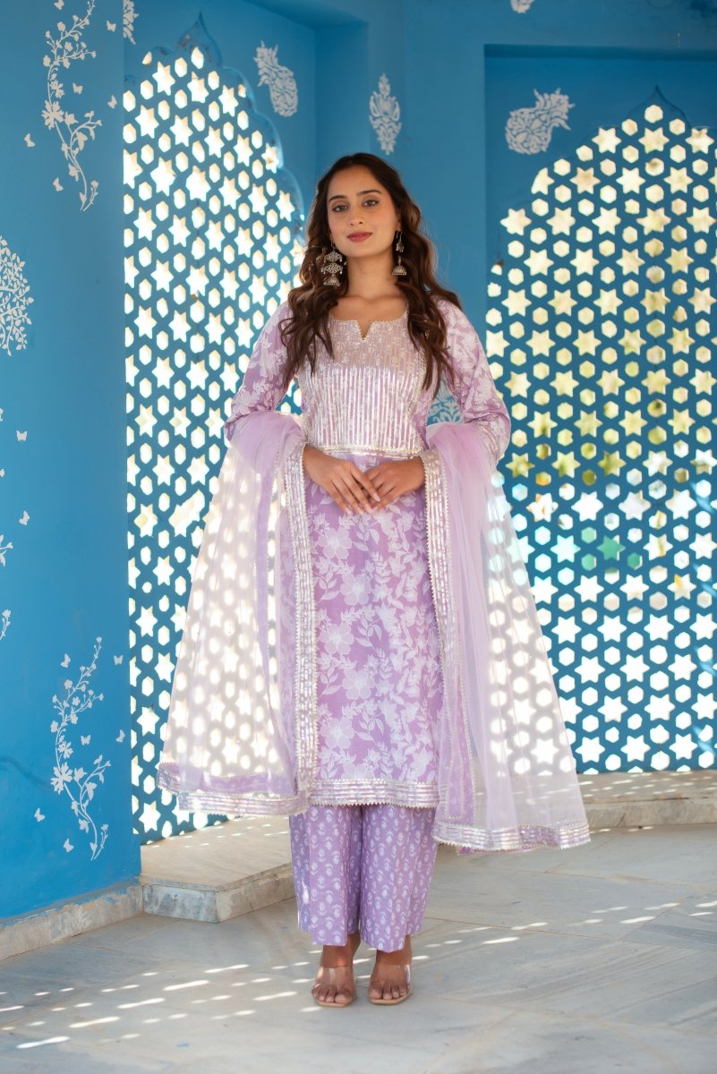 CHHIPA BAZAR LILAC COTTON HAND BLOCK GOTA PATTI SUIT SET WITH SOFT NET DUPATTA - Pomcha Jaipur