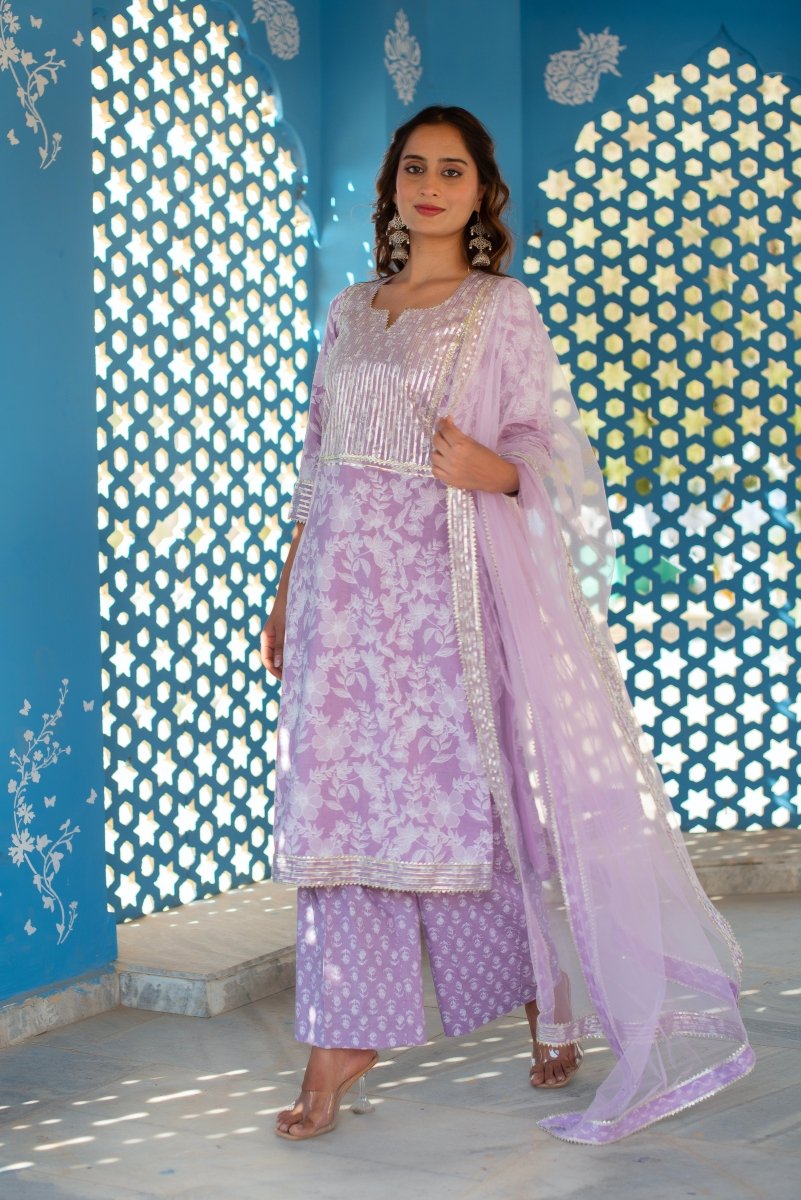 CHHIPA BAZAR LILAC COTTON HAND BLOCK GOTA PATTI SUIT SET WITH SOFT NET DUPATTA - Pomcha Jaipur