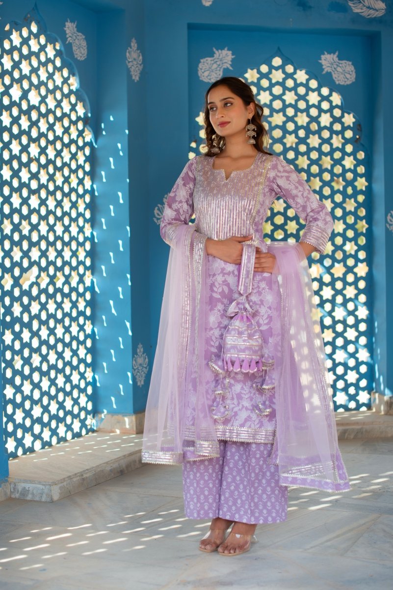 CHHIPA BAZAR LILAC COTTON HAND BLOCK GOTA PATTI SUIT SET WITH SOFT NET DUPATTA - Pomcha Jaipur