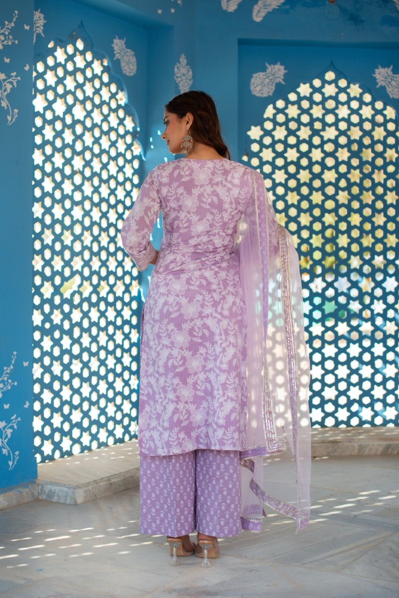 CHHIPA BAZAR LILAC COTTON HAND BLOCK GOTA PATTI SUIT SET WITH SOFT NET DUPATTA - Pomcha Jaipur