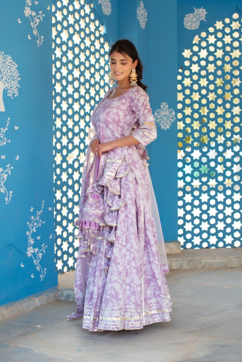 CHHIPA BAZAR LILAC TULSI HAND BLOCK GOTA PATTI COTTON SKIRT SET WITH SOFT NET DUPATTA - Pomcha Jaipur