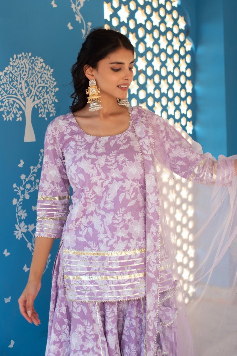 CHHIPA BAZAR LILAC TULSI HAND BLOCK GOTA PATTI COTTON SKIRT SET WITH SOFT NET DUPATTA - Pomcha Jaipur