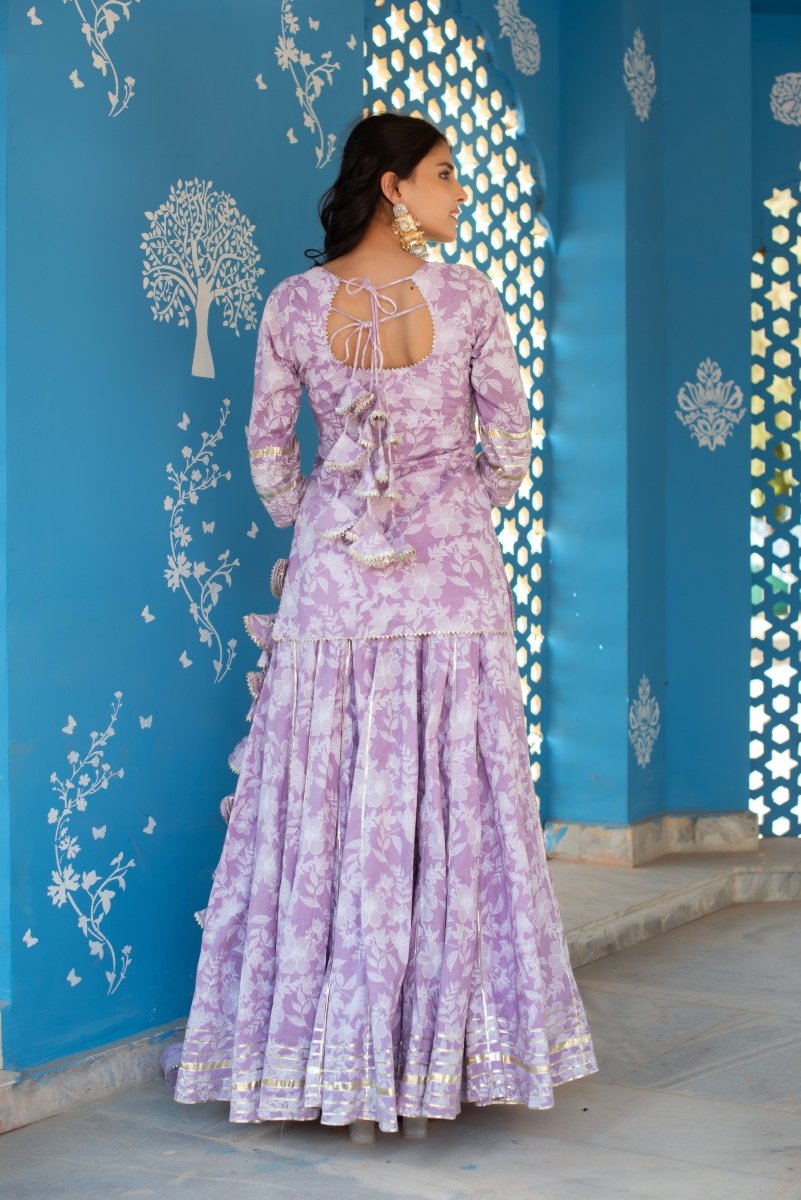 CHHIPA BAZAR LILAC TULSI HAND BLOCK GOTA PATTI COTTON SKIRT SET WITH SOFT NET DUPATTA - Pomcha Jaipur