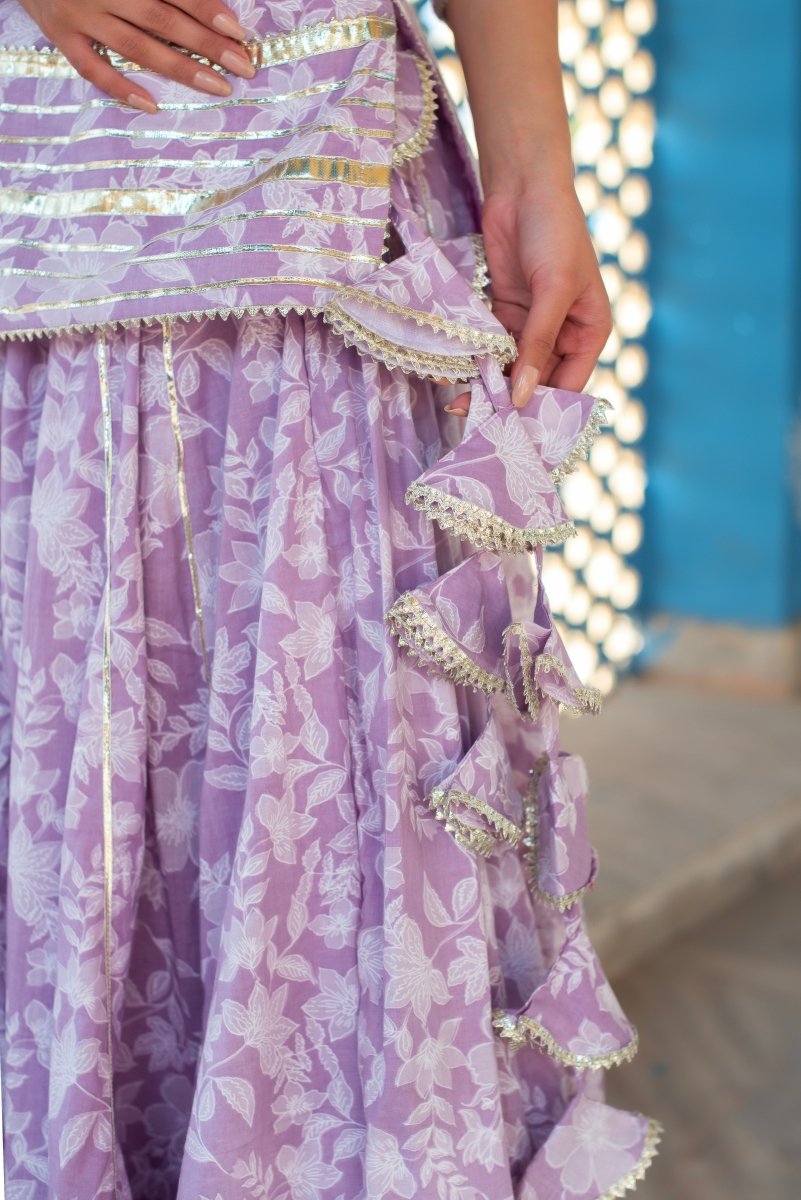 CHHIPA BAZAR LILAC TULSI HAND BLOCK GOTA PATTI COTTON SKIRT SET WITH SOFT NET DUPATTA - Pomcha Jaipur